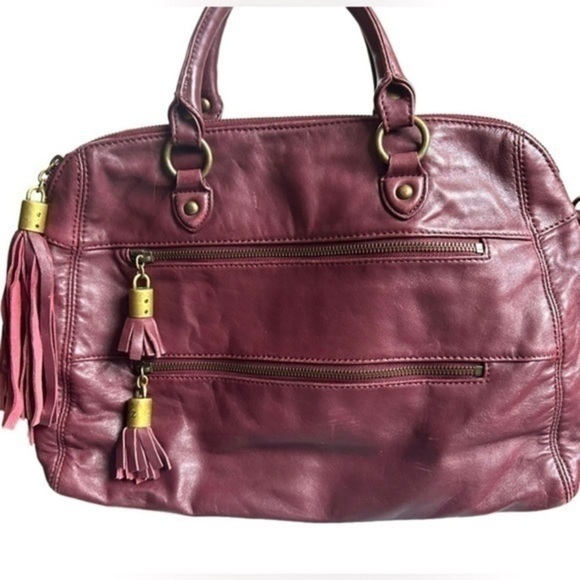 BURGUNDY RACHEL ZOE LUXE LEATHER SATCHEL FRINGE ZIPPER TASSELS - Picture 1 of 16